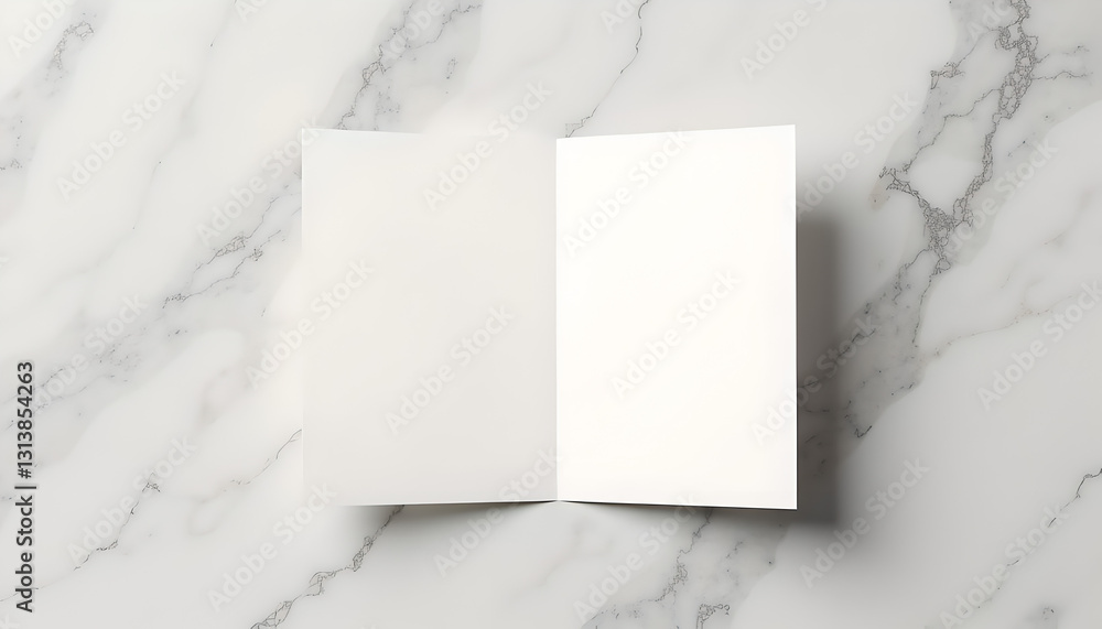 Open blank booklet on marble surface with soft natural lighting. Open blank booklet on marble surface with soft natural lighting.