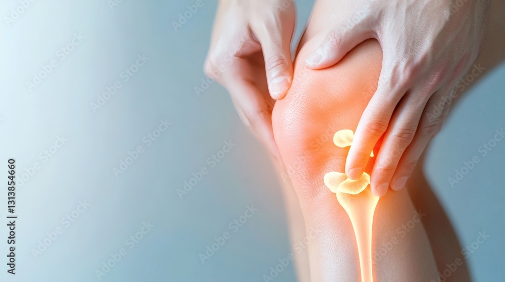 Naklejka premium Knee pain relief technique used by a person at home for joint health improvement in the morning light