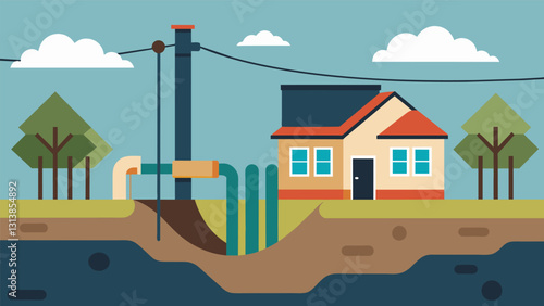 Pipes and wires exposed due to ground subsidence creating risks for accidental damage and interruption of essential services.. Vector illustration