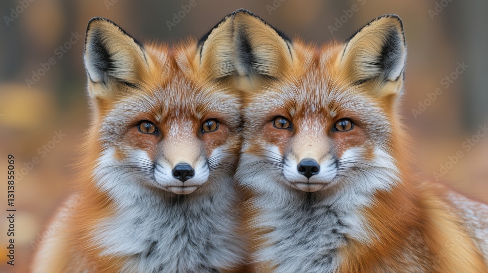 Red foxes playfully gaze together in a serene forest scene during autumn