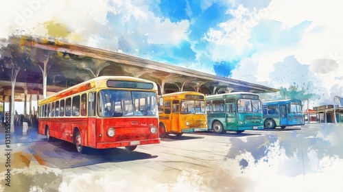 Colorful Vintage Buses at a City Bus Station Watercolor Painting