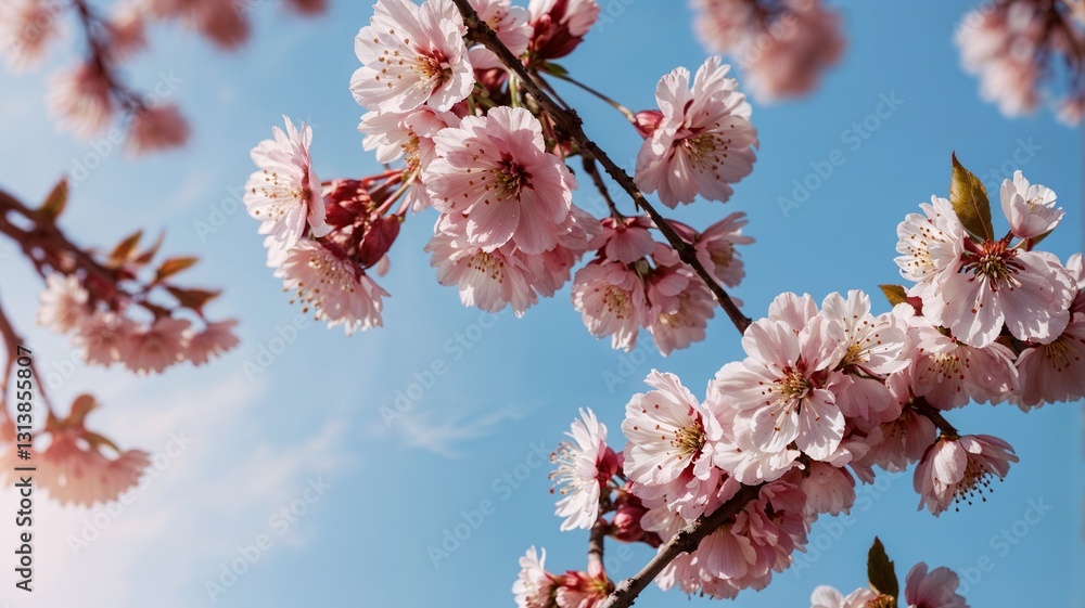 Spring banner, branches of blossoming cherry against background of blue sky on nature outdoors. Pink sakura flowers, dreamy romantic image spring, landscape panorama, copy space. Spring banner, branches of blossoming cherry against background of blue sky on nature outdoors. Pink sakura flowers, dreamy romantic image spring, landscape panorama, copy space.