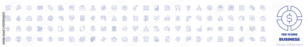 100 Business Icons Collection. Thin line icon. Editable stroke. Vector, cash, business report, business presentation, business meeting, business man, coupon 100 Business Icons Collection. Thin line icon. Editable stroke. Vector, cash, business report, business presentation, business meeting, business man, coupon