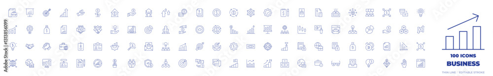 100 Business Icons Collection. Thin line icon. Editable stroke. Vector, expansion, exchange, econometrics, earnings, donation, dollar, document, discussion, data 100 Business Icons Collection. Thin line icon. Editable stroke. Vector, expansion, exchange, econometrics, earnings, donation, dollar, document, discussion, data