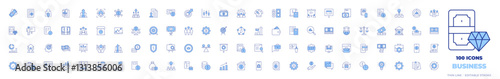 100 Business Icons Collection. Line Duotone style, editable stroke. development, growth, graphs, goal, file, idea, business, calculator, family, checkbook, pie chart, aim