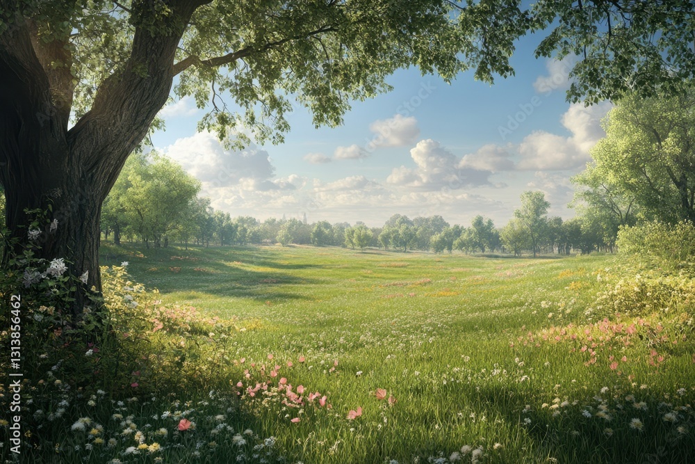 Obraz premium Rolling green meadow under a clear sky filled with fluffy white clouds