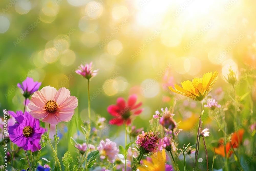 Colorful flower meadow with sunbeams and blue sky, offering space for a cheerful summer message Colorful flower meadow with sunbeams and blue sky, offering space for a cheerful summer message