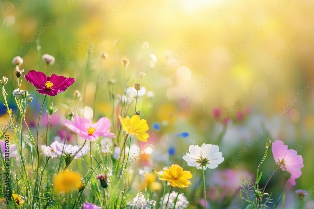 Beautiful summer flower meadow with sunbeams and blue sky, perfect for a nature greeting card Beautiful summer flower meadow with sunbeams and blue sky, perfect for a nature greeting card