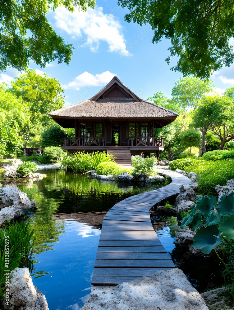 Serene Asian-style house nestled in a lush garden with a pond and wooden walkway Serene Asian-style house nestled in a lush garden with a pond and wooden walkway