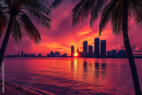 A vibrant pink and orange sunset silhouettes palm trees and a distant city skyline over calm water, creating a tropical, urban paradise.