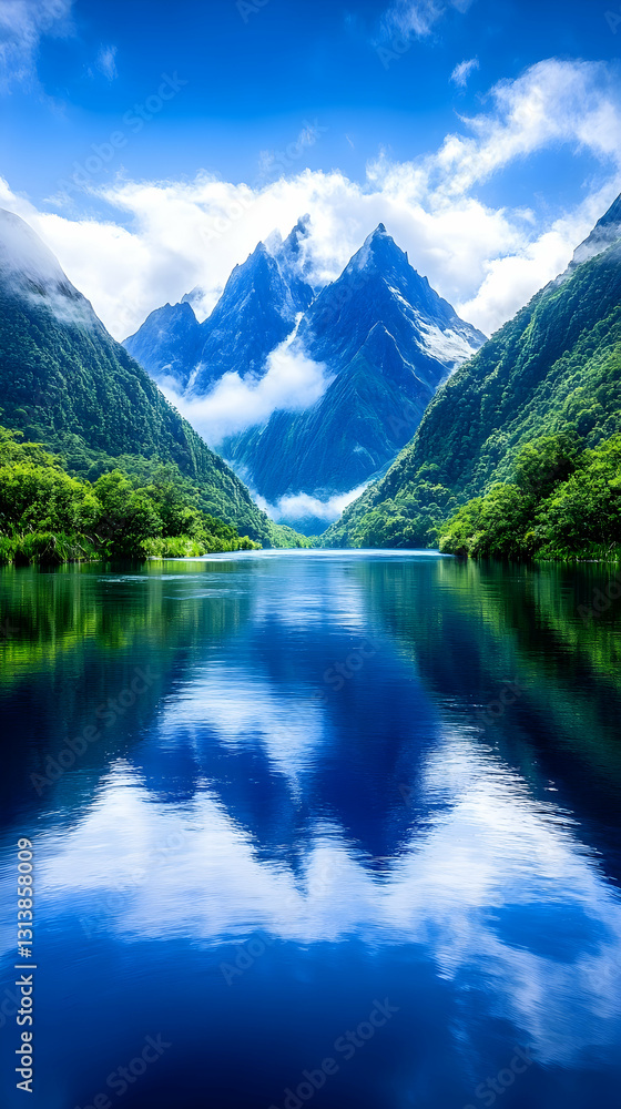 Serene mountain lake reflecting sky and peaks Serene mountain lake reflecting sky and peaks