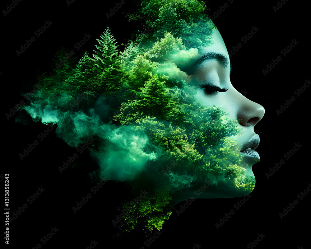 Serene profile portrait blended with lush forest and ethereal green mist Serene profile portrait blended with lush forest and ethereal green mist
