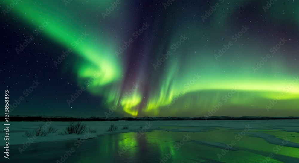 Spectacular Aurora Borealis Over Frozen Landscape with Starry Night Sky Spectacular Aurora Borealis Over Frozen Landscape with Starry Night Sky