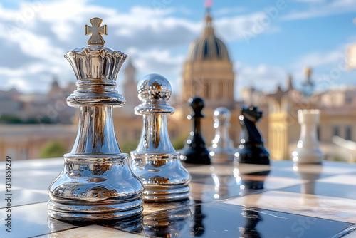 Wallpaper Mural Shiny chess pieces on a board, city backdrop Torontodigital.ca