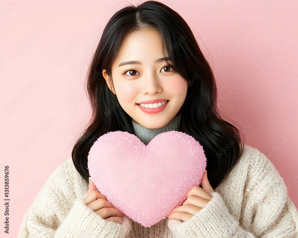 Smiling woman holding pink heart against pink background Smiling woman holding pink heart against pink background