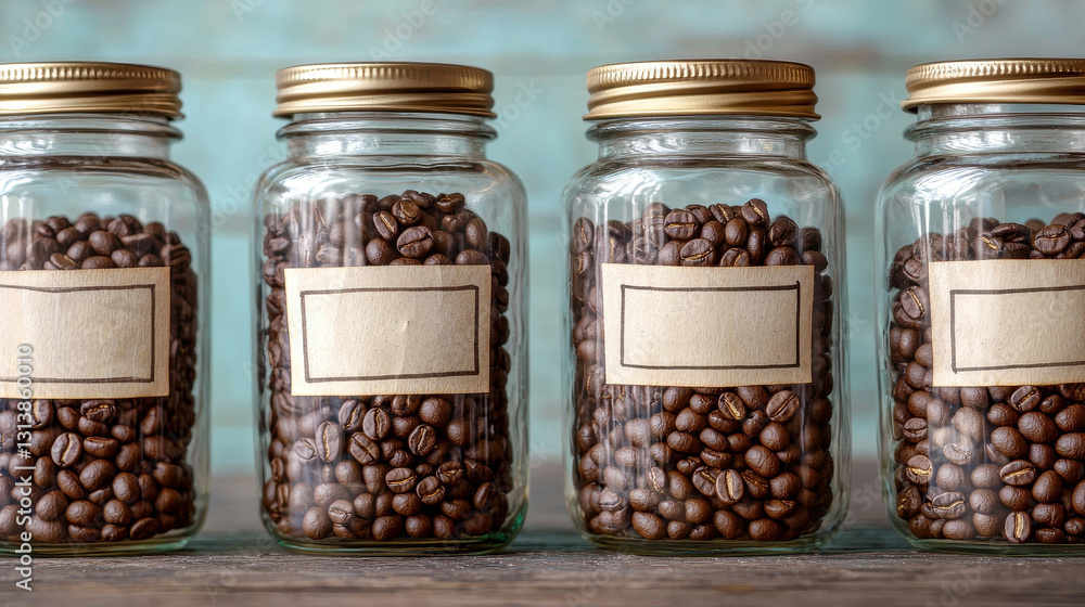 Four glass jars filled with coffee beans on wooden surface Four glass jars filled with coffee beans on wooden surface