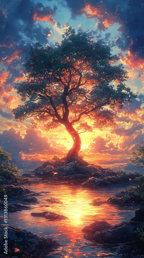 Wallpaper for mobile phone. A majestic tree stands silhouetted against a vibrant sunset reflected in still water, creating a scene of tranquil beauty. Wallpaper for mobile phone. A majestic tree stands silhouetted against a vibrant sunset reflected in still water, creating a scene of tranquil beauty.