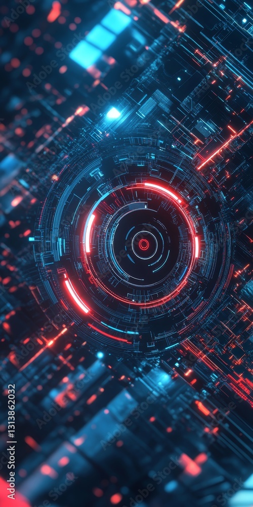 Obraz premium A captivating abstract background featuring vibrant blue and red circular patterns, ideal for technology-themed projects and creative designs.