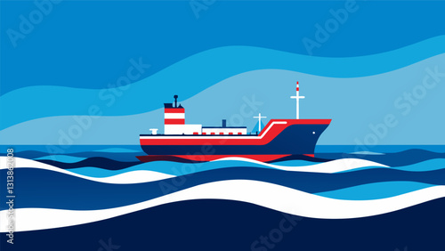 Against the backdrop of a tranquil ocean a powerful oil tanker drifts peacefully its red and white stripes a stark contrast against the deep blue sea.. Vector illustration