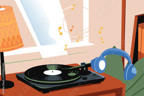 A close-up shot of a vintage record player with a vinyl record spinning, the needle delicately tracing the grooves.  Focus on the detail of the needle and record surface.