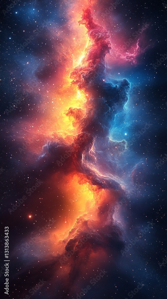 Wallpaper for mobile phone. Spectacular cosmic cloud illuminated by stars. The bright orange and blue hues create a stunning visual display of interstellar space. Wallpaper for mobile phone. Spectacular cosmic cloud illuminated by stars. The bright orange and blue hues create a stunning visual display of interstellar space.