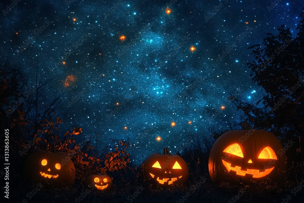 Fototapeta premium A mesmerizing Halloween night scene showcasing glowing jack-o'-lanterns against a starry sky. Perfect blend of autumn atmosphere and festive charm.