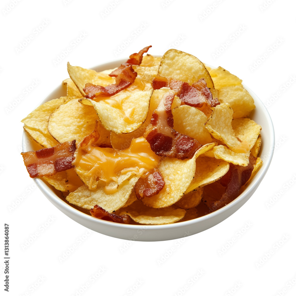 Golden, crispy potato chips generously layered with gooey melted cheese and crunchy bacon bits on transparent png background. Ai generated Golden, crispy potato chips generously layered with gooey melted cheese and crunchy bacon bits on transparent png background. Ai generated