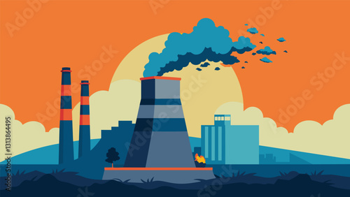 The massive smokestack of the coal power plant is demolished symbolizing a shift towards more sustainable energy sources.. Vector illustration