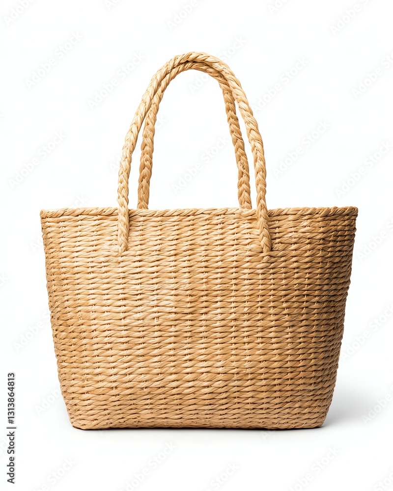 Woven Straw Tote Bag Isolated on White Studio Backdrop Showcases Texture Woven Straw Tote Bag Isolated on White Studio Backdrop Showcases Texture