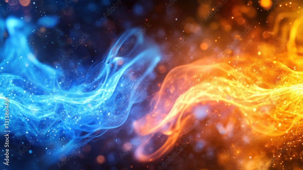 Blue and orange flowing energy swirling with sparkling particles Blue and orange flowing energy swirling with sparkling particles