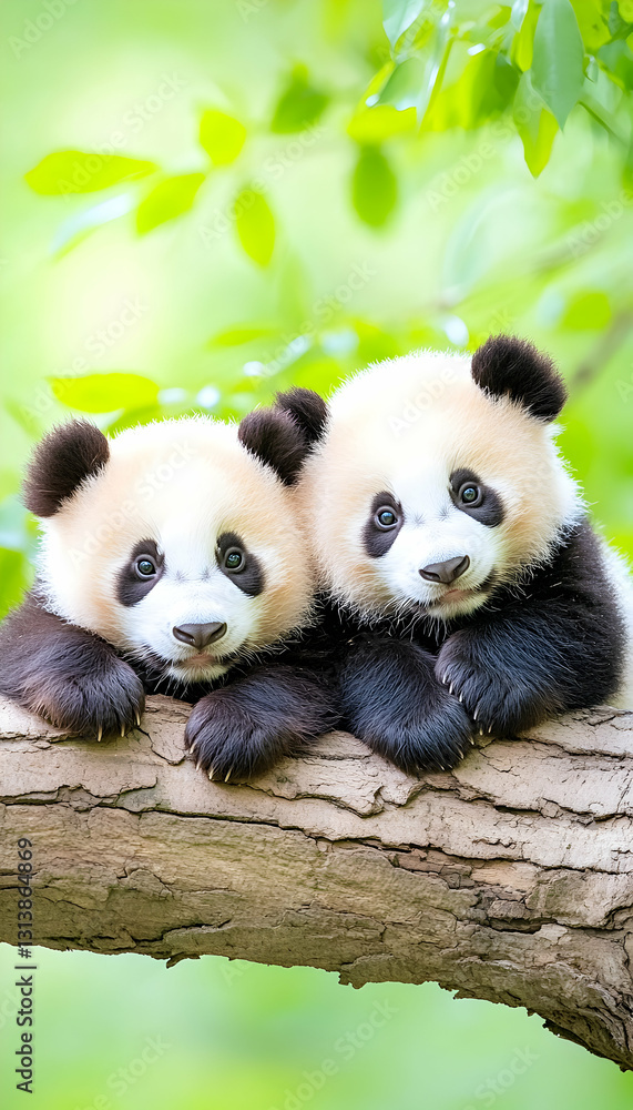 Fototapeta premium Two adorable panda cubs cuddle on a tree branch in a lush green forest (1)