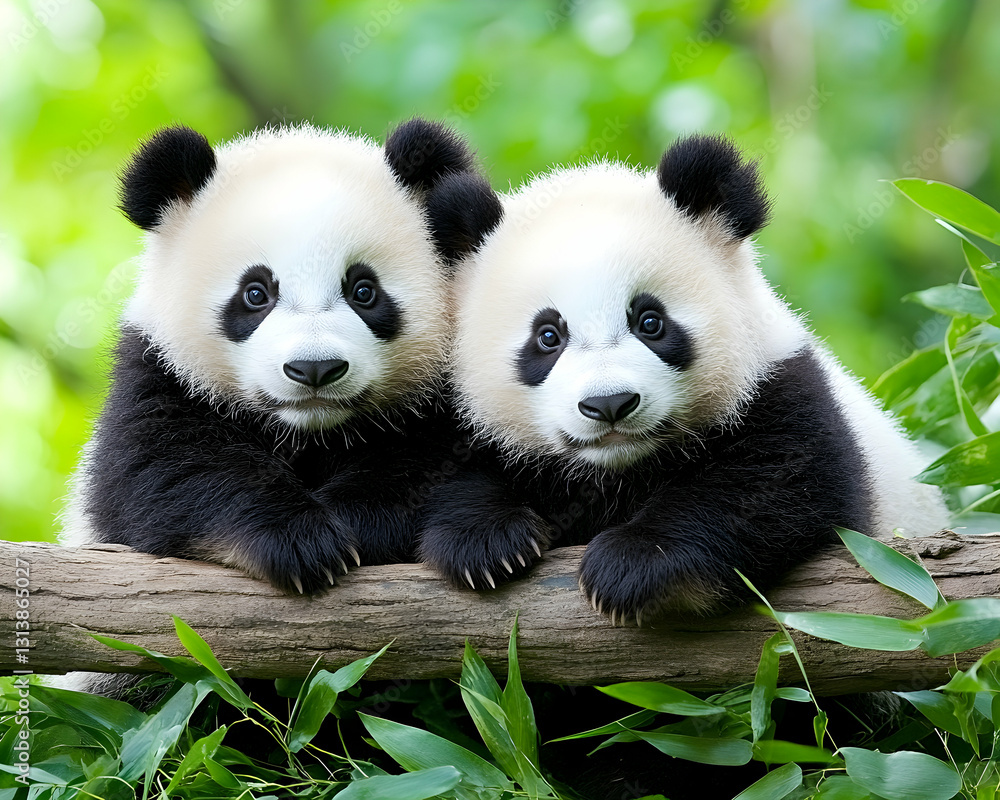 Two adorable panda cubs nestled together on a log, surrounded by lush green bamboo Two adorable panda cubs nestled together on a log, surrounded by lush green bamboo