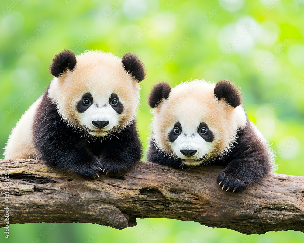 Obraz premium Two adorable panda cubs perched on a branch, gazing directly at the camera