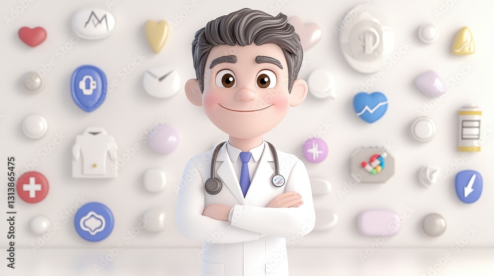 Smiling Cartoon Doctor Against Pastel Health Icons Smiling Cartoon Doctor Against Pastel Health Icons