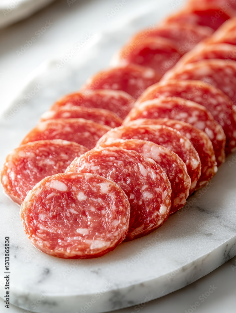 Sliced salami on marble board, showcasing cured meat delicacies. Sliced salami on marble board, showcasing cured meat delicacies.