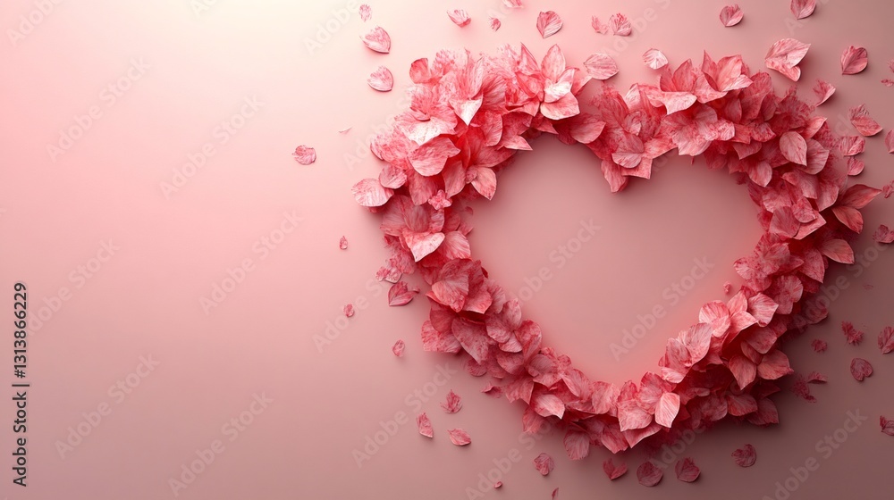 Pink petals forming a heart shape on pink background Pink petals forming a heart shape on pink background