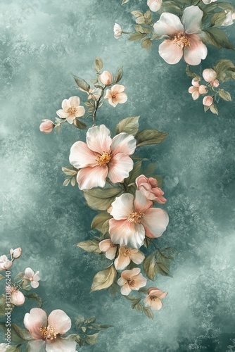 Watercolor Floral Pattern on Sky Blue Background, Gentle Shading, Romantic and Minimalist Design