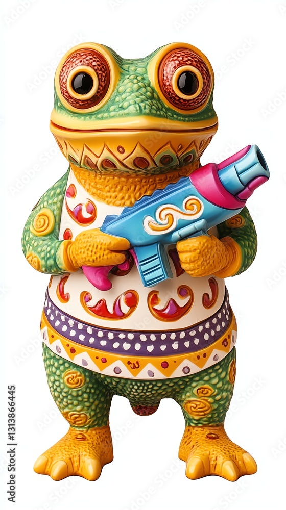 Colorful Frog Character Holding a Toy Gun with Artistic Design Colorful Frog Character Holding a Toy Gun with Artistic Design