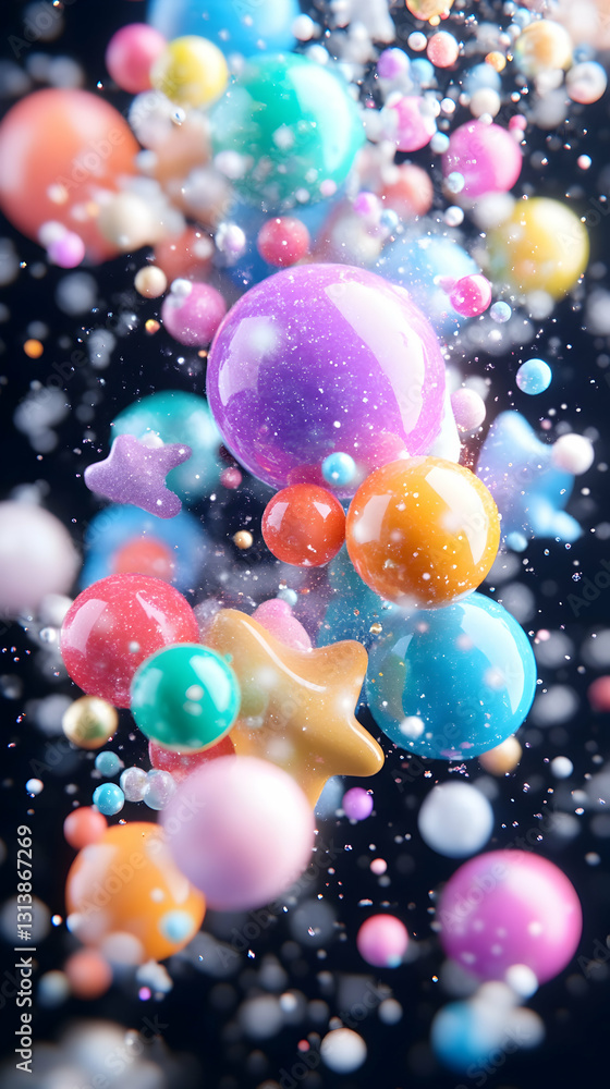 Vibrant, colorful spheres and stars float in a dark background, creating a dynamic, playful composition Vibrant, colorful spheres and stars float in a dark background, creating a dynamic, playful composition