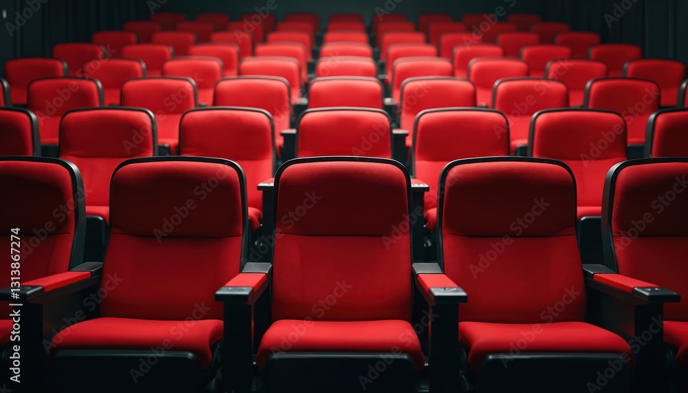 Naklejka premium Rows of empty red seats in dim movie theater. Cinema auditorium perspective view with no people. Concept of closed cinema, empty hall during coronavirus pandemic lockdown, film festival cancellation.