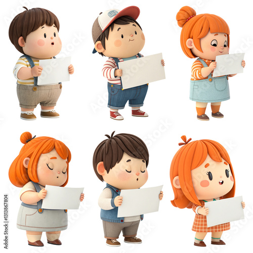  Set of 3d Happy Kids boy and girl holding a blank sign, smiling with space on the sign for custom text. Perfect for messages or announcements, Transparent background