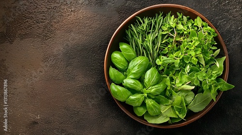 Fresh Green Herbs in Rustic Bowl on Dark Background