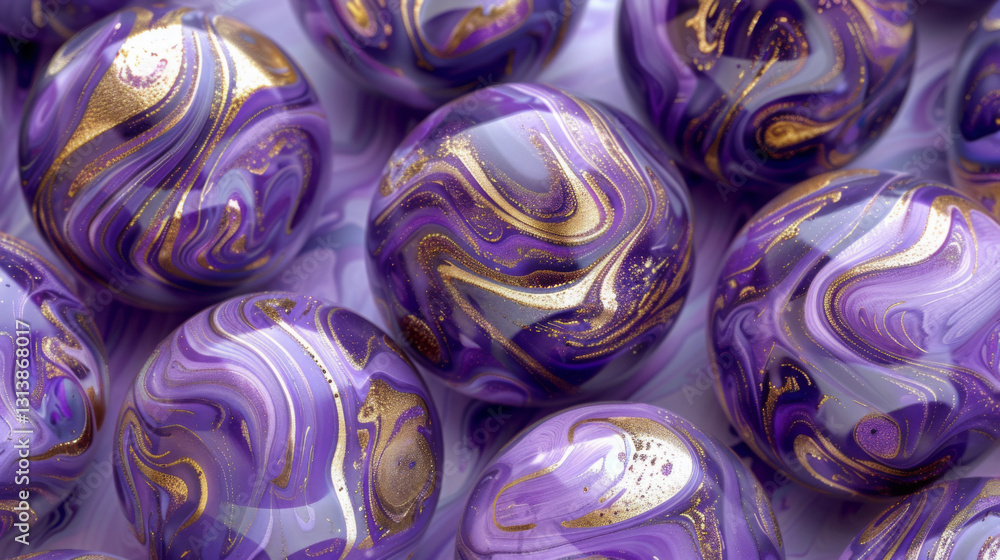 Obraz premium Bunch of purple and gold marbles with swirls on them