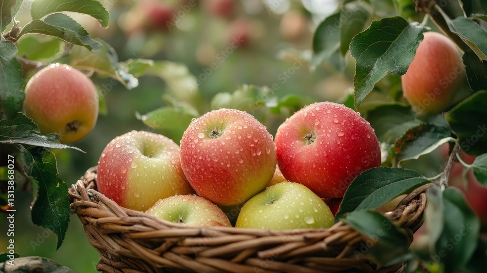 Obraz premium Freshly Picked Apples in Wicker Basket: A Harvest of Red and Green Delights, Perfect for Healthy Eating and Autumn Recipes.
