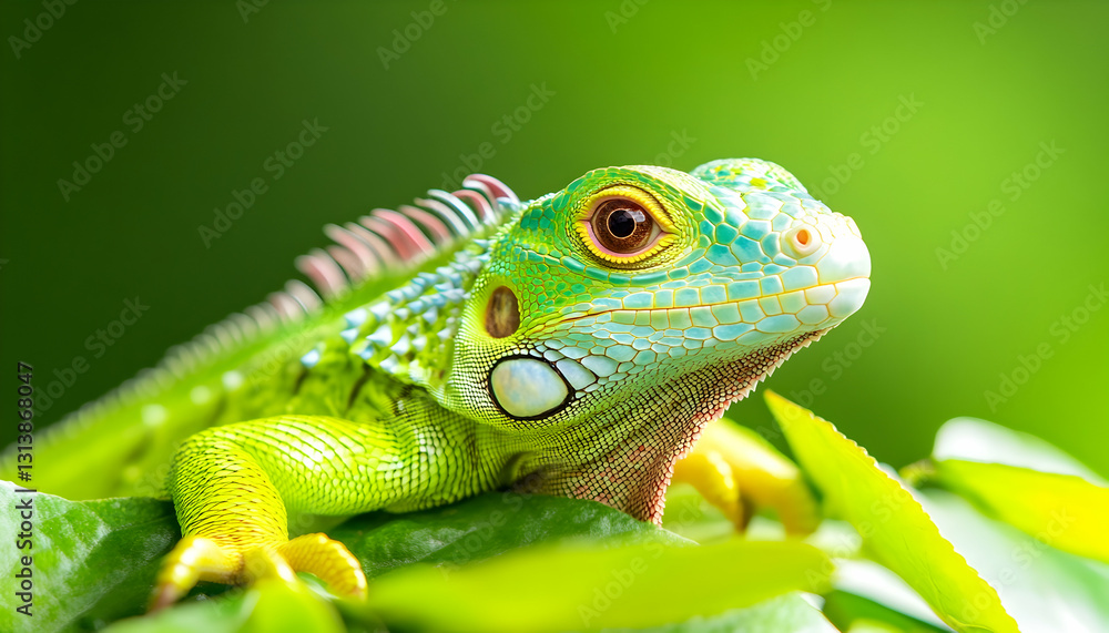 Vibrant green lizard resting on lush foliage Vibrant green lizard resting on lush foliage