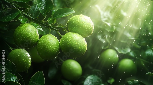 Enchanted green lime ripening on a tree branch in a magical summer garden bathed in soft light