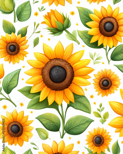 Vibrant sunflower and foliage seamless pattern