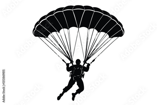 Parachute Skydiving Silhouette Art On Solid White Background
