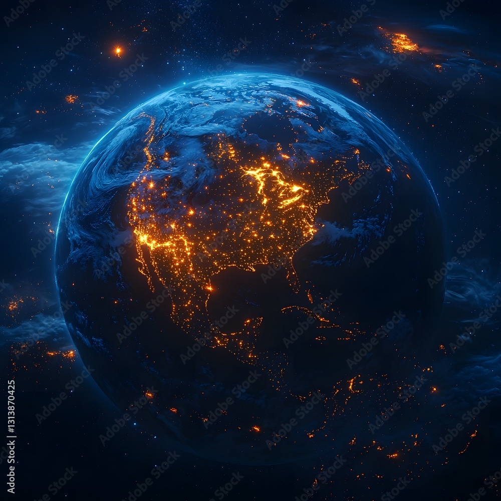 Obraz premium Glowing Outline of Planet Earth at Night with Scattered Illuminated Cities