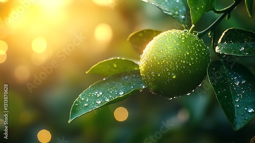 A glowing green lime on a branch with sparkling leaves in a surreal summer garden landscape